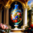 Blue vase with floral designs, golden columns, and colorful flowers on dark background