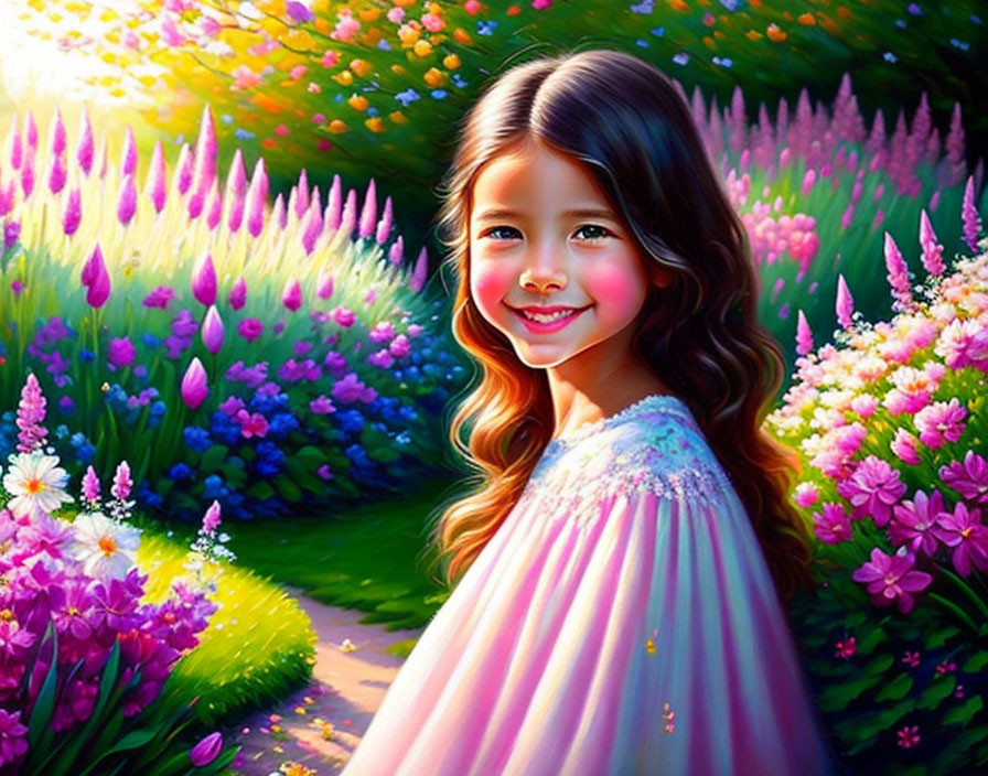 Smiling young girl with wavy hair in flower-filled garden