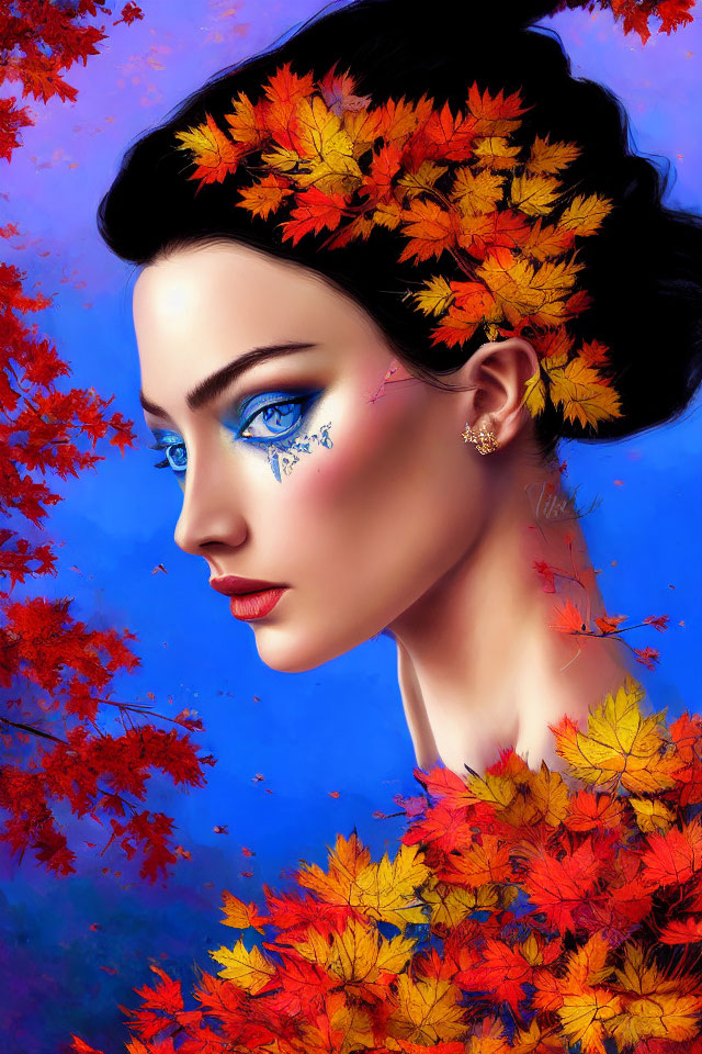 Portrait of Woman with Blue Eyes and Autumn Leaves in Hair on Blue Background