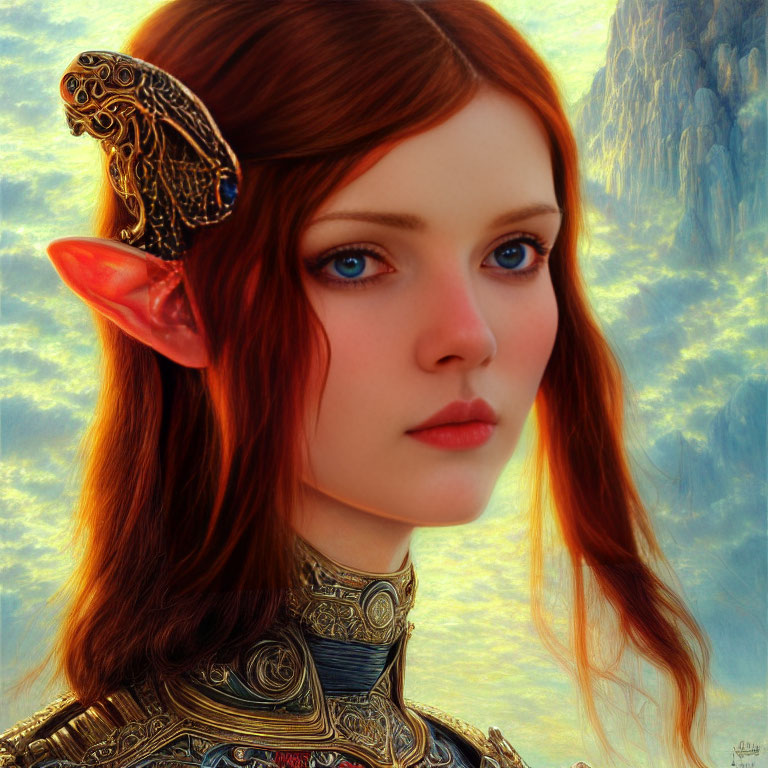 Fantasy female character with pointed ears, golden headpiece, red hair, blue eyes, ornate