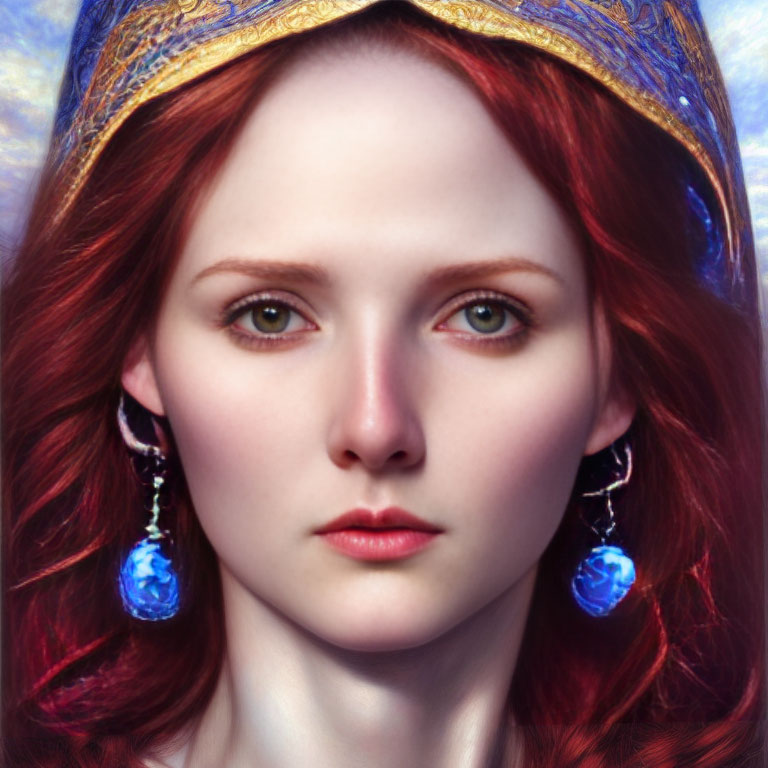 Woman with Red Hair and Sapphire Earrings in Blue Headpiece Portrait