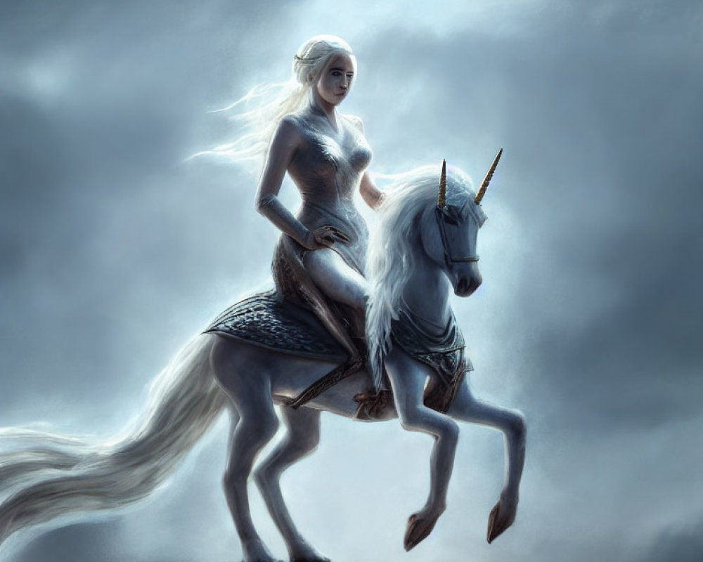 Ethereal woman with white hair on majestic unicorn under stormy sky
