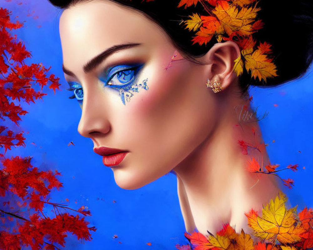 Portrait of Woman with Blue Eyes and Autumn Leaves in Hair on Blue Background