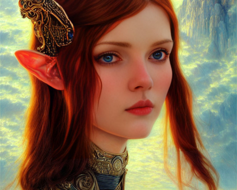 Fantasy female character with pointed ears, golden headpiece, red hair, blue eyes, ornate