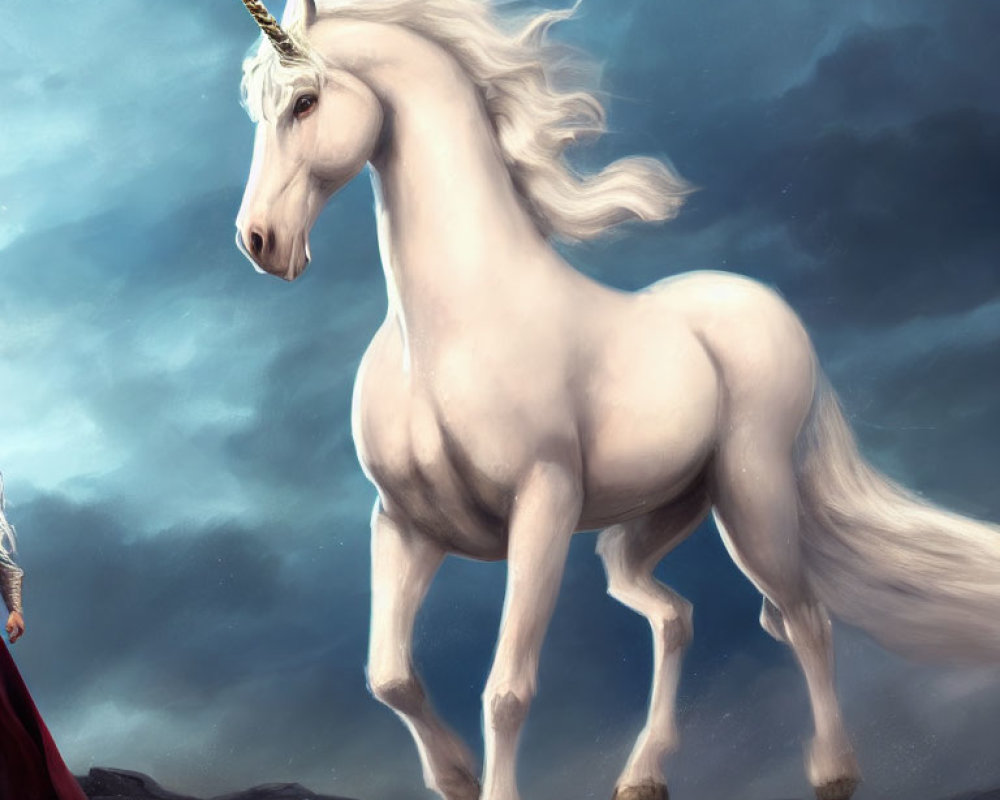 White unicorn with spiraling horn under stormy sky.