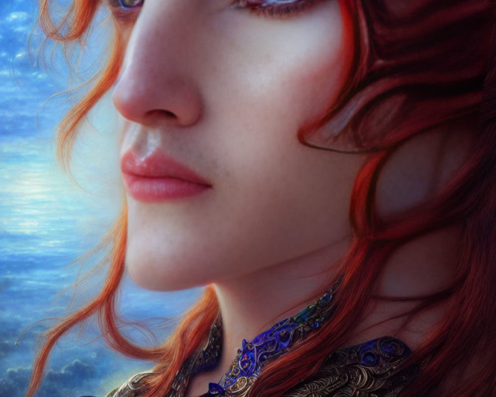 Fantasy female character with red hair, violet eyes, blue-and-gold armor under cloudy sky