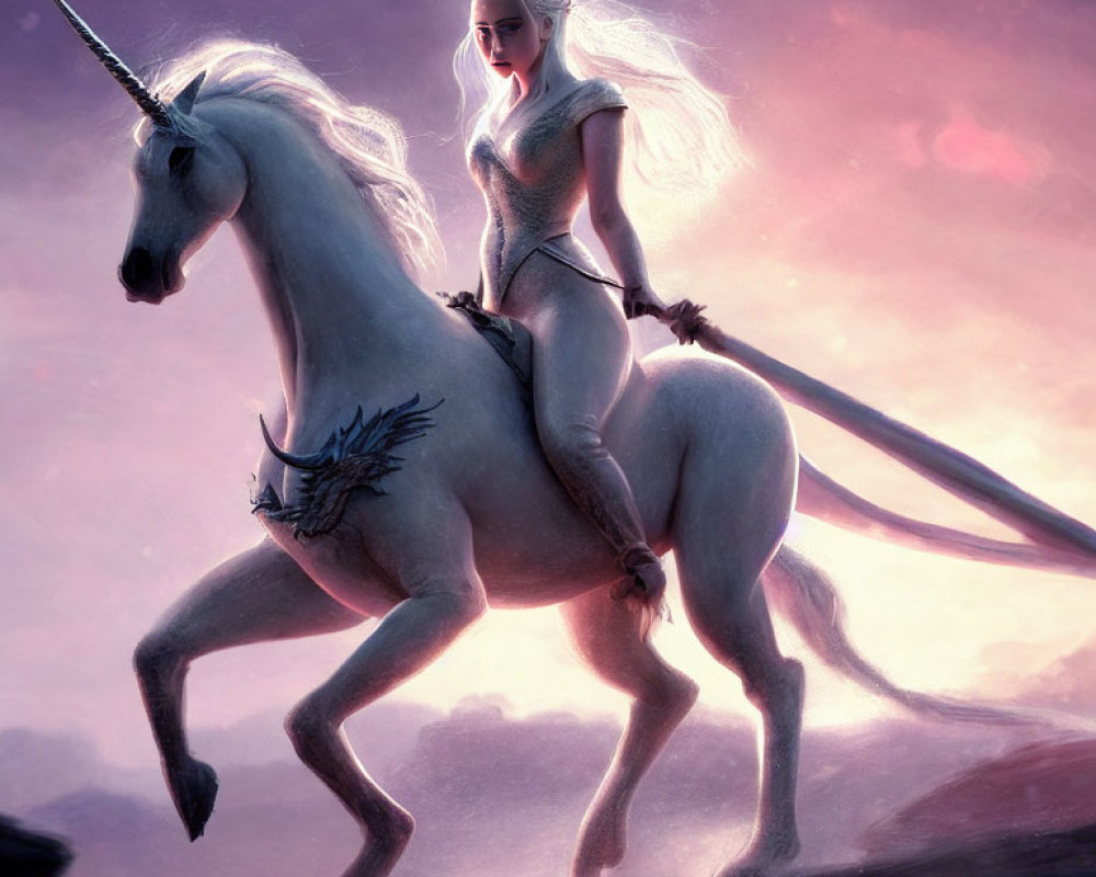 Fantasy illustration of white-haired elf warrior riding unicorn at dusk