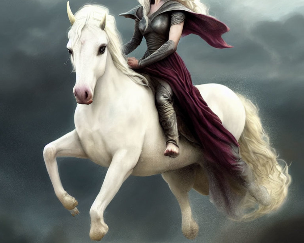 Silver-Haired Woman in Armor Riding White Unicorn Under Stormy Sky