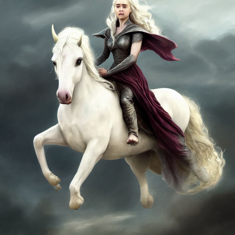 Silver-Haired Woman in Armor Riding White Unicorn Under Stormy Sky