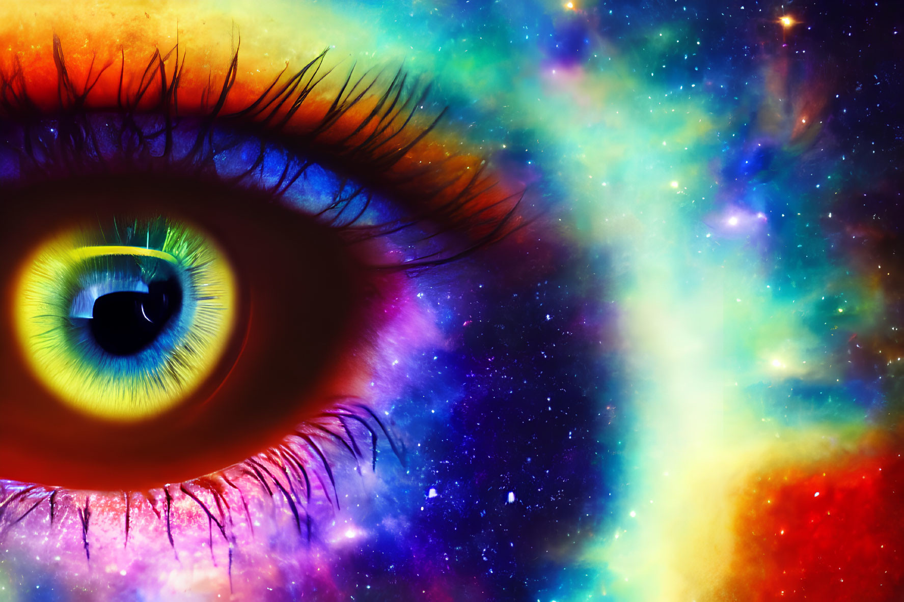 Close-up eye with cosmic nebula overlay for surreal universe representation