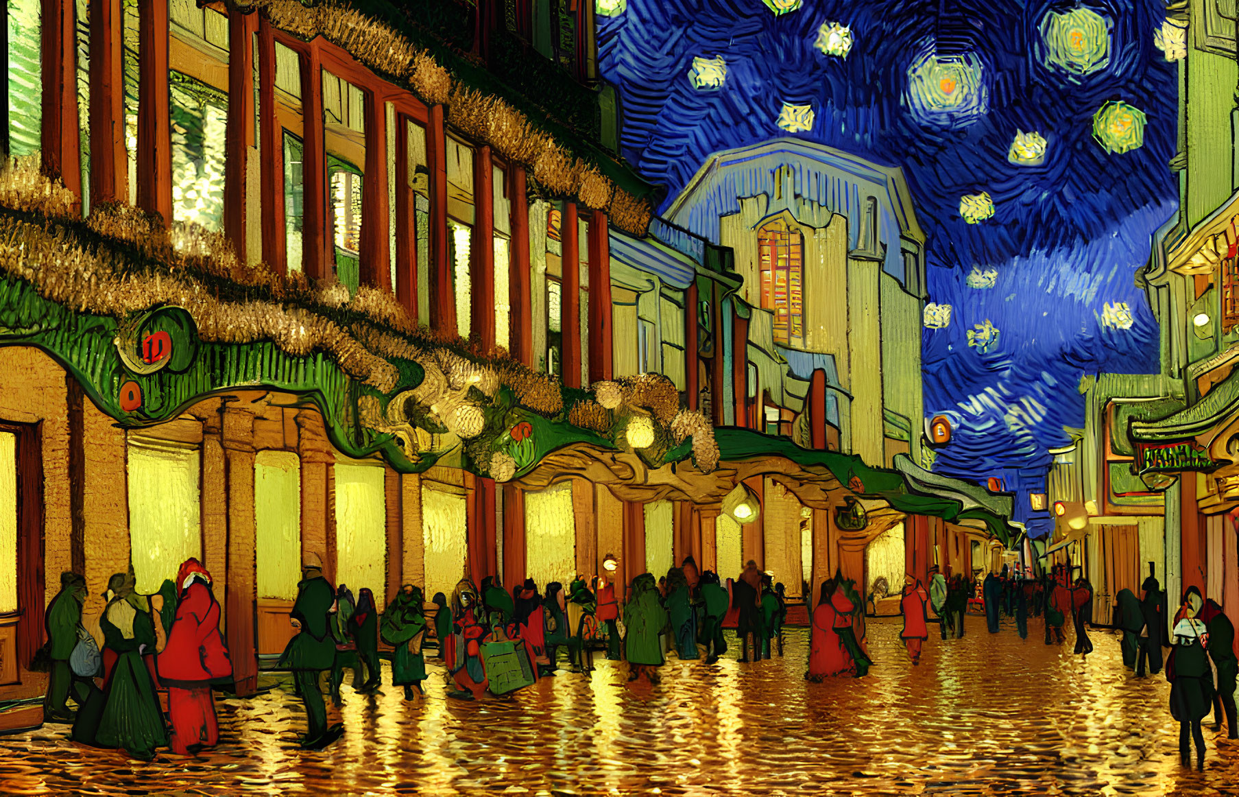 Vibrant Van Gogh-inspired street scene at night with starry sky.