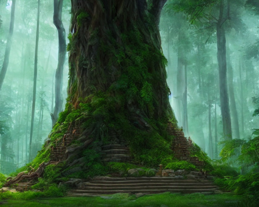 Majestic moss-covered tree in mystical forest with stone steps