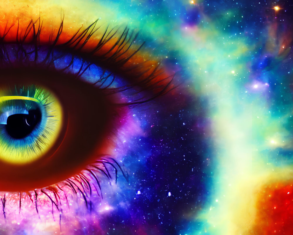 Close-up eye with cosmic nebula overlay for surreal universe representation