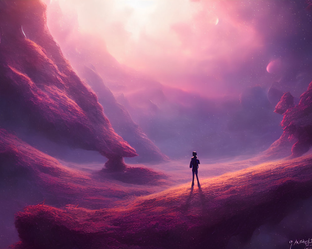 Solitary figure in purple landscape with ethereal pink sky