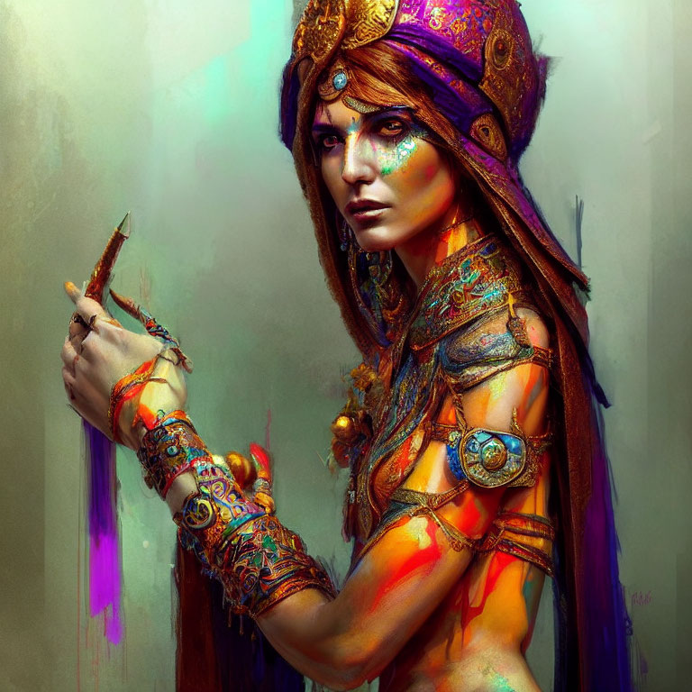 Ornately adorned woman with vibrant makeup and headdress holding a brush