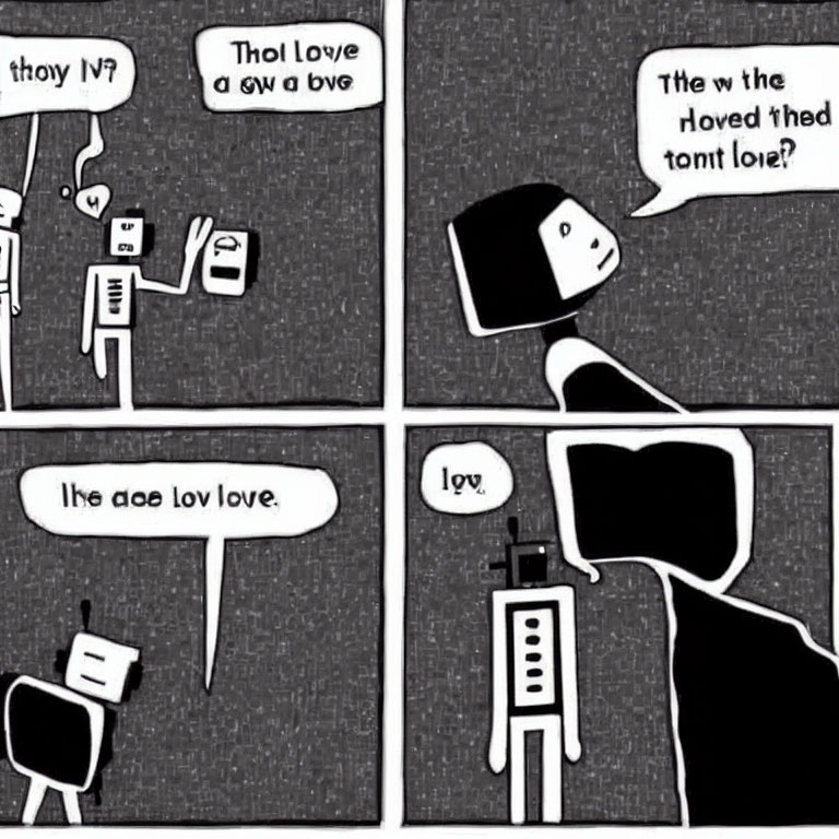 Humorous four-panel comic strip with humanoid and robot mispronouncing "I love you