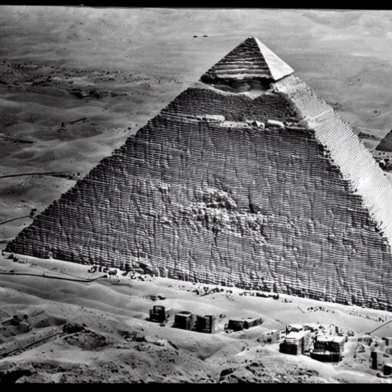 Monochrome image of Great Pyramid of Giza in desert landscape