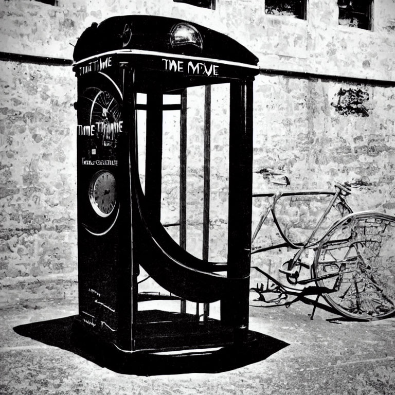 Vintage bicycle by stone wall next to quirky "Time Machine" phone booth
