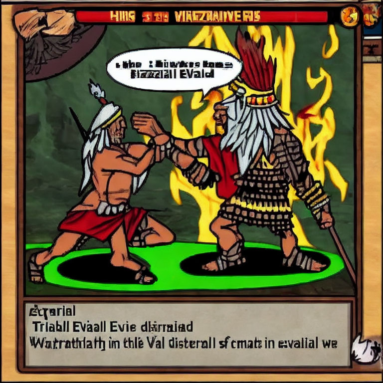 Two tribal characters in fiery setting with stylized text and symbols