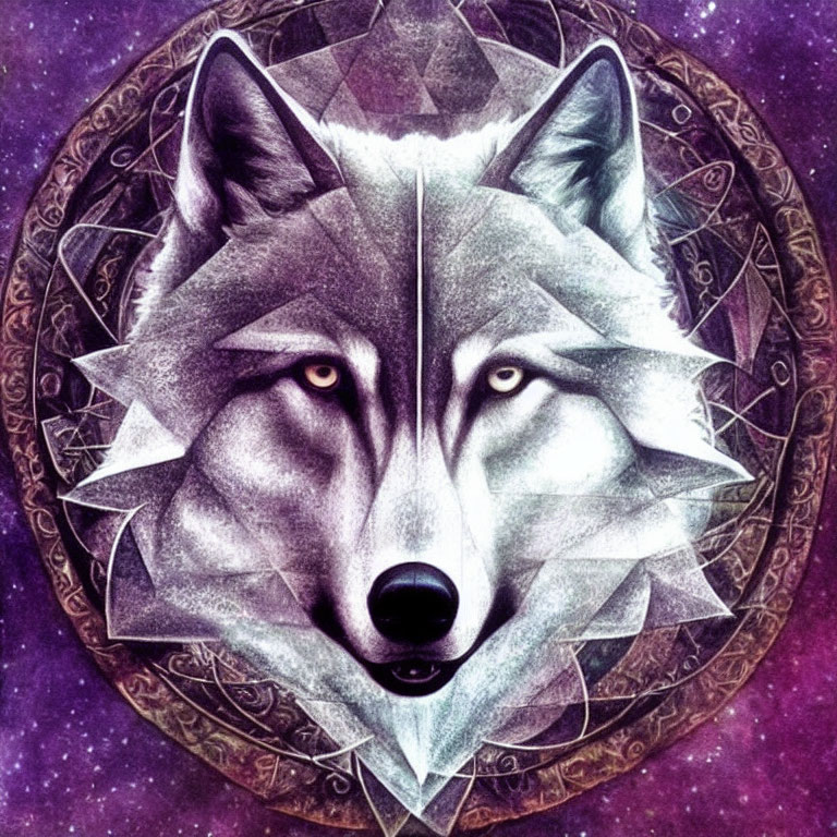 Stylized wolf face on geometric background with purple cosmic backdrop
