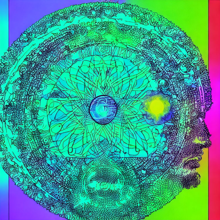 Detailed Circular Line Drawing with Eye on Multi-Colored Background