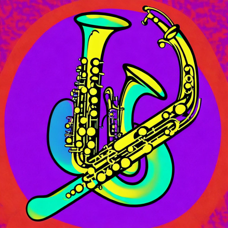 Colorful Brass Instruments on Psychedelic Background with Purple Circle
