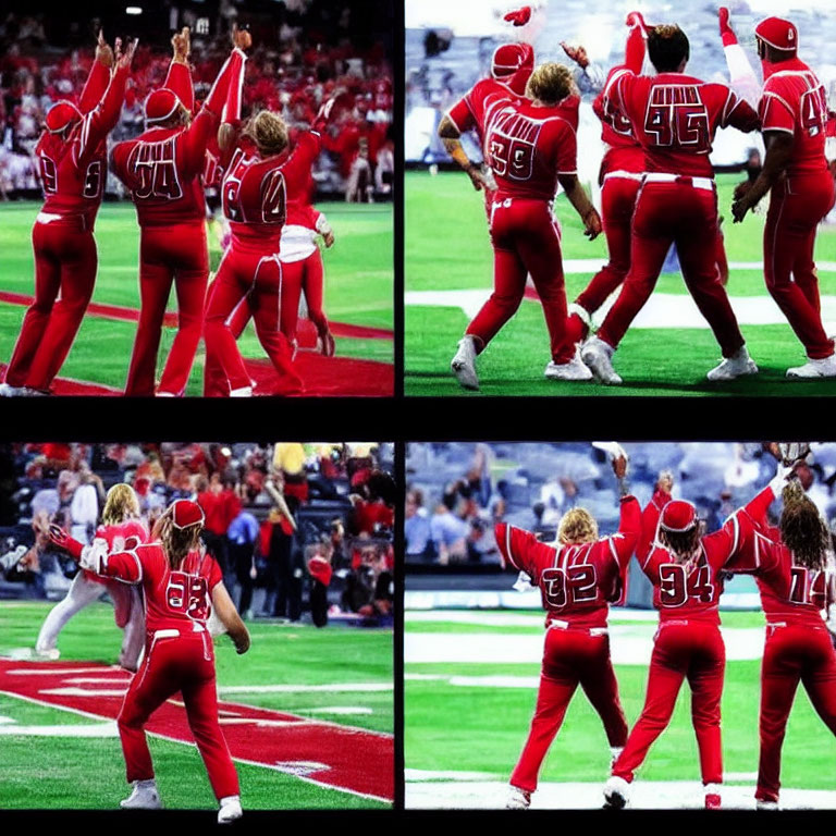 Cheerleaders in Red and White Uniforms on Sports Field