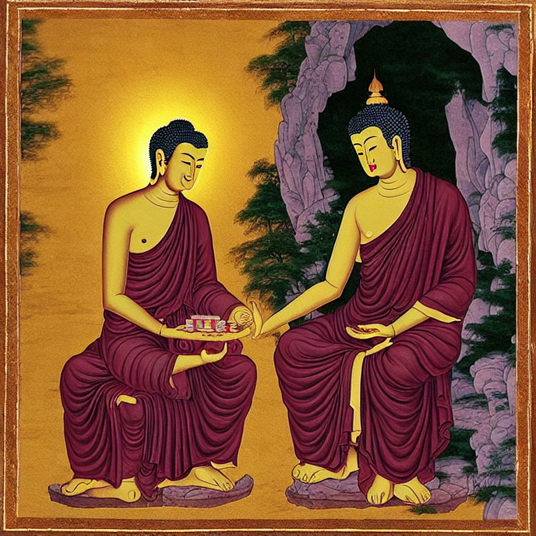 Illustrated figures resembling Buddha offering and receiving alms in serene landscape