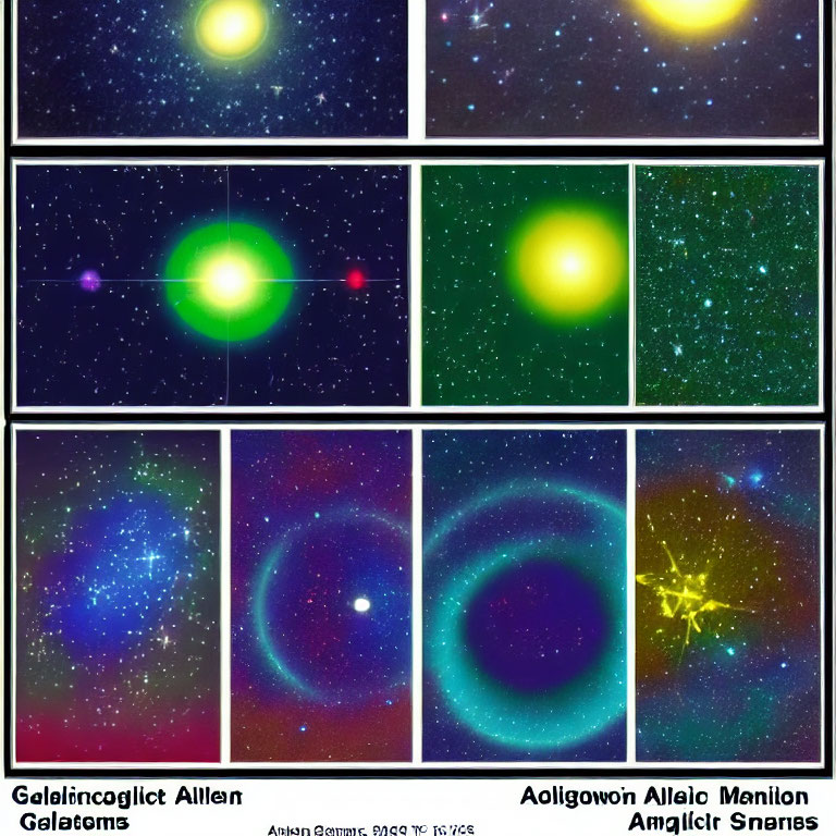 Collage of Eight Colorful Stylized Space Images with Text Labels