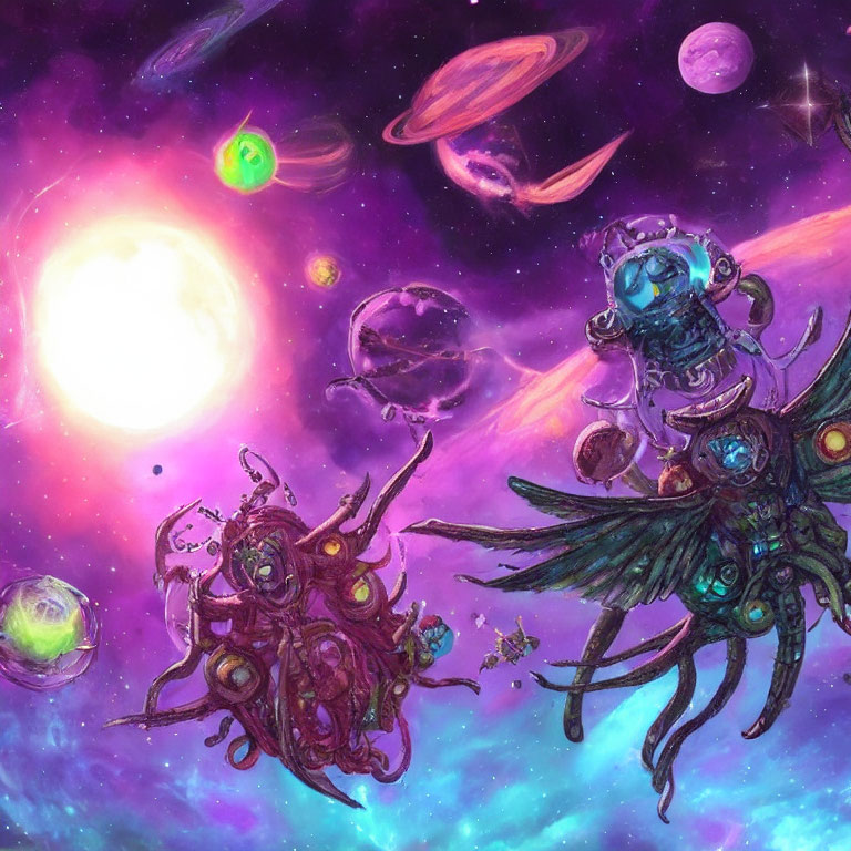 Colorful cosmic scene with intricate mechanical beings and planets.