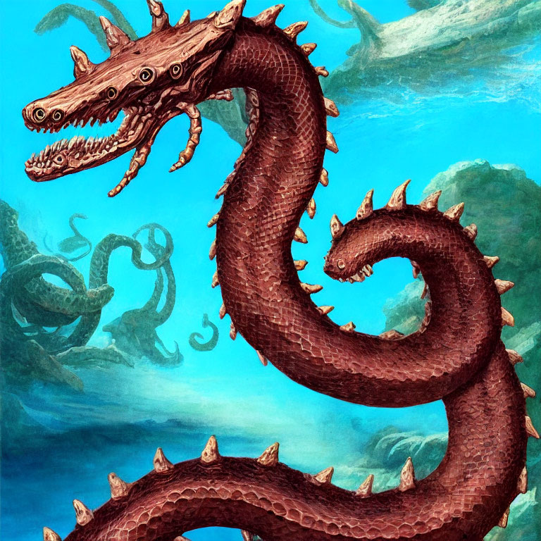Mythical multi-headed dragon emerges from sea with lurking tentacles