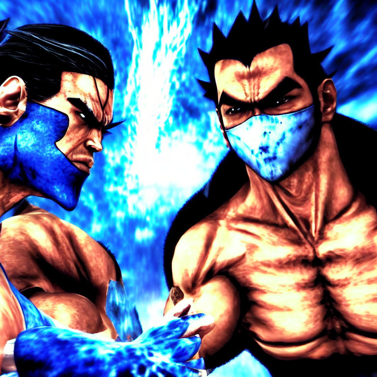 Muscular animated characters in intense face-off on blue background