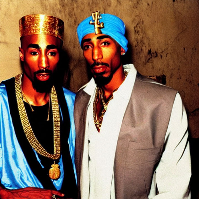 Men in Golden Crown and Blue Turban in Cultural Attire