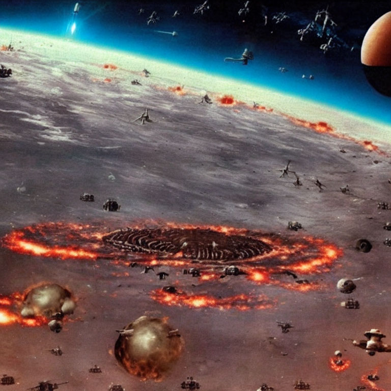 Futuristic lunar landscape battle with explosions and vehicles
