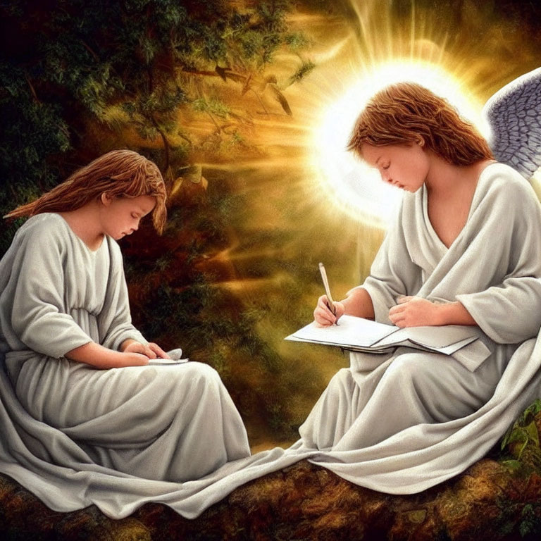 Angelic figures with halos and wings writing in books in serene natural setting