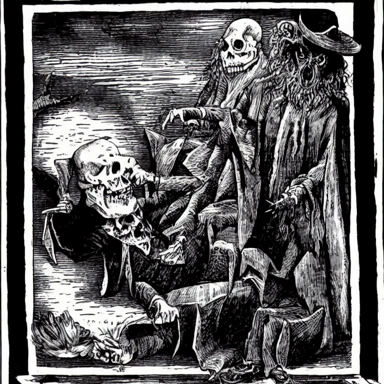 Monochrome illustration of skeletal figures in tattered clothing with chaotic background.
