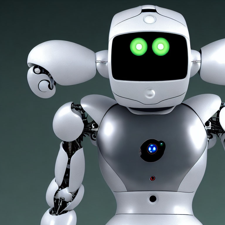 White and Black Humanoid Robot with Green Eyes and Chest Camera