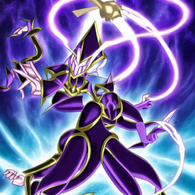 Purple Armored Character in Action Pose with Glowing Accents and Magical Loop