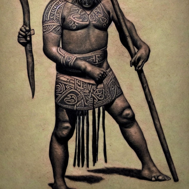 Warrior illustration with traditional tattoos and weapons in loincloth