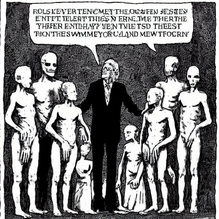 Monochrome drawing of central figure with unique hair, surrounded by skeletal figures and scrambled text.