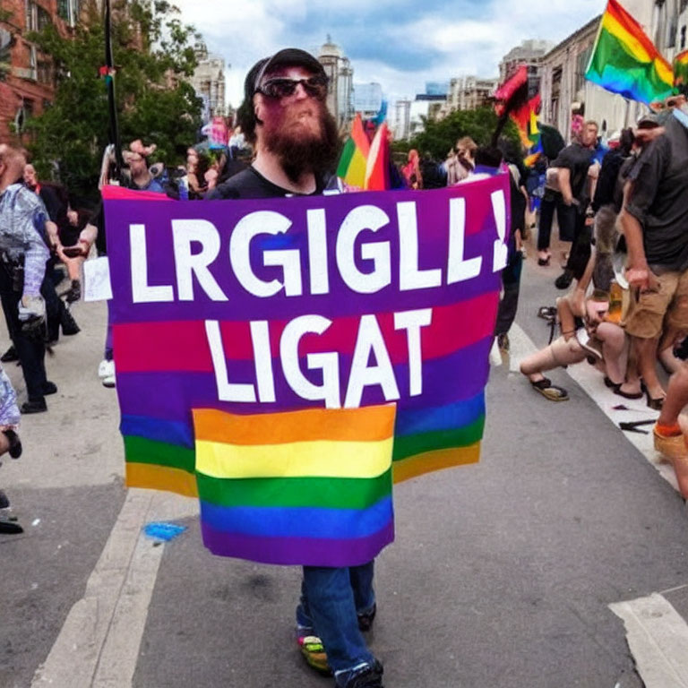 Bearded person with sunglasses holding rainbow flag at pride event