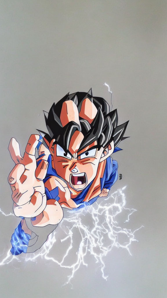 Animated character with spiky black hair in orange and blue outfit, emitting white and blue energy.
