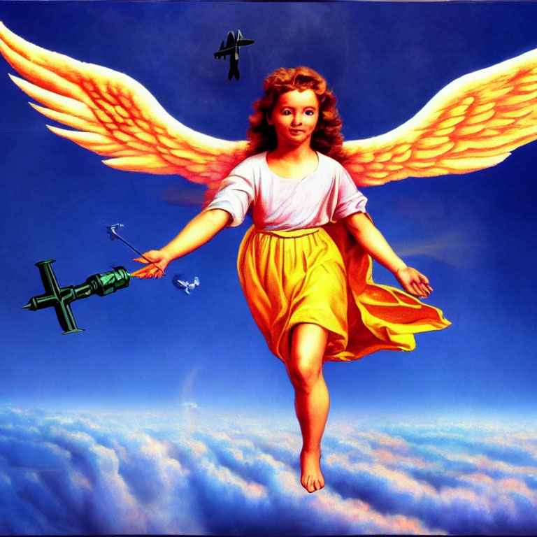Angel with white wings holding green cross and toy space shuttle flying among clouds