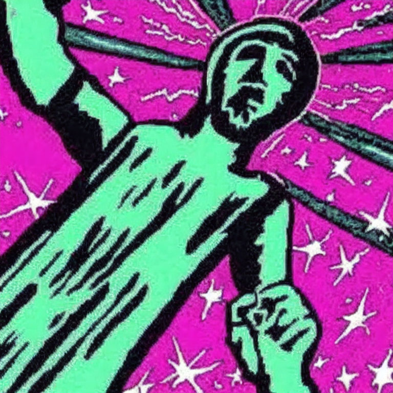 Stylized person with outstretched arms in vibrant pink and green against starry background