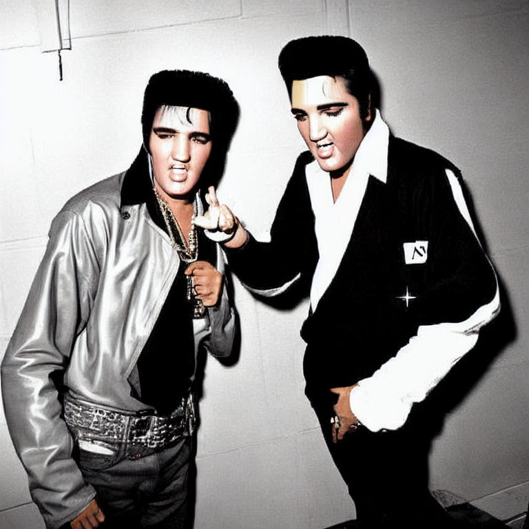 Two Elvis Presley Impersonators in Rockabilly Outfits Pose in Black and White Photo