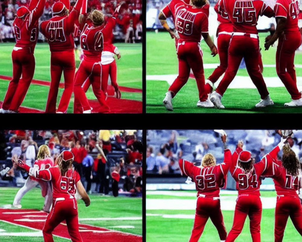 Cheerleaders in Red and White Uniforms on Sports Field