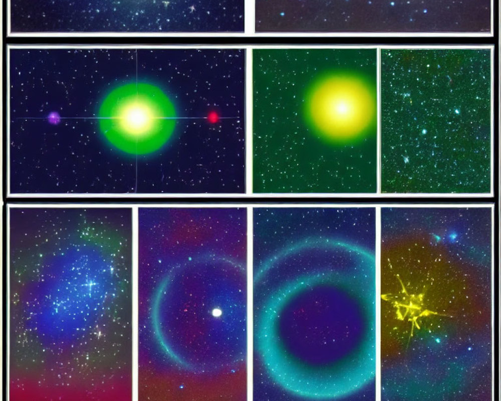 Collage of Eight Colorful Stylized Space Images with Text Labels