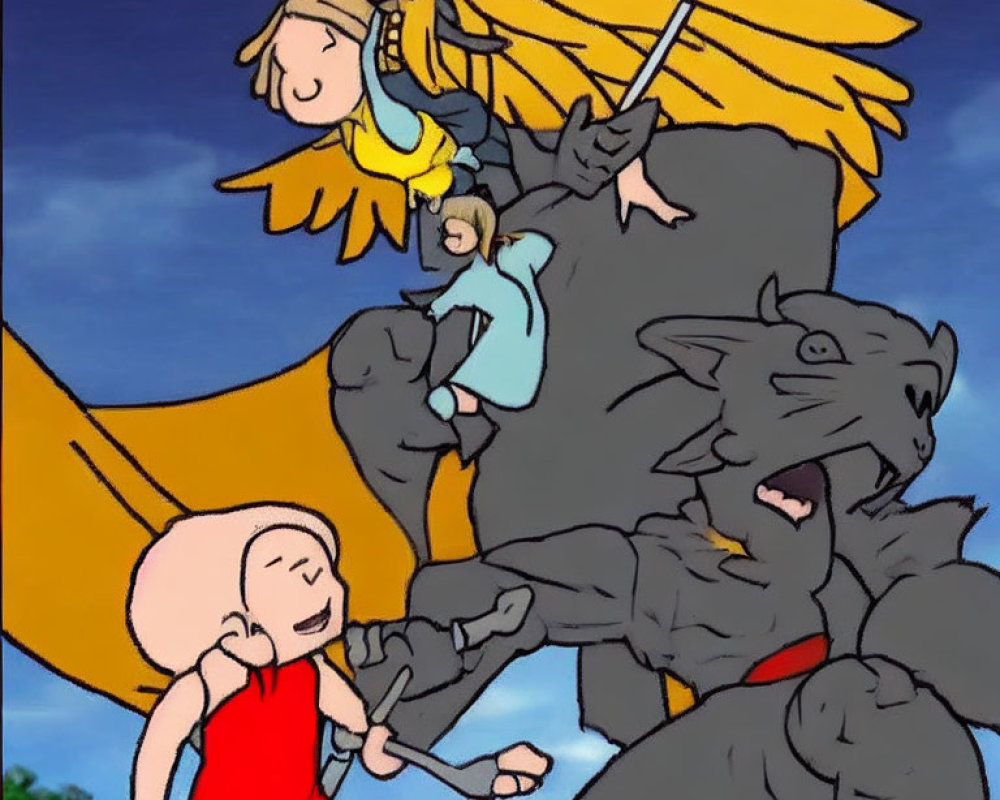 Cartoon image of angel with sword battling dark creature, watched by bald child