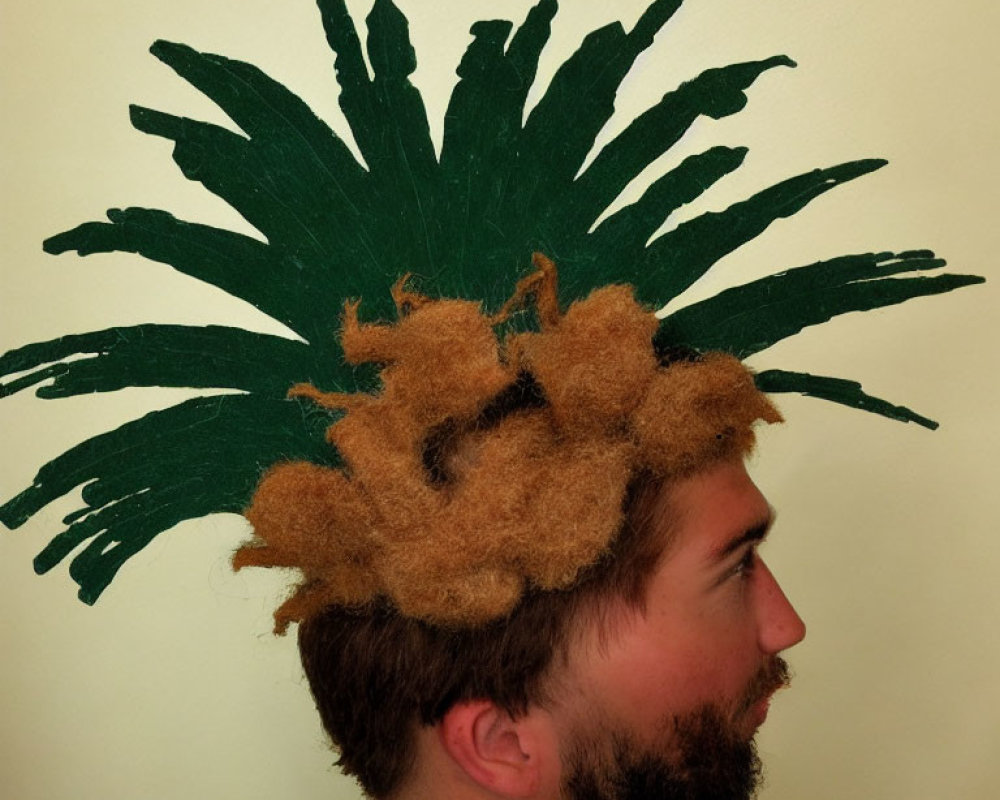 Profile of a person with tree-inspired hairstyle and painted green leaves on wall.
