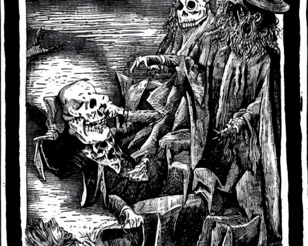 Monochrome illustration of skeletal figures in tattered clothing with chaotic background.